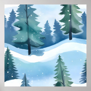Póster Bosque de Pinos Nevado   Acuarela de Invierno
