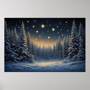 Póster Bosque de Pinos Nevado Bajo un Cielo Nocturno Estr