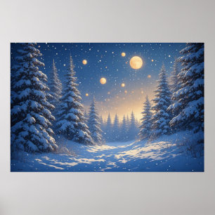 Póster Bosque de Pinos Nevado Bajo un Cielo Nocturno Estr