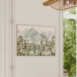Póster Bosque de Pinos y Montañas Acuarela