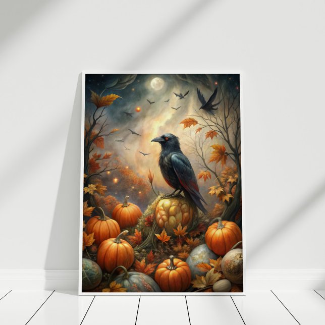 Póster Bosque de Raven y Calabaza - Leche de otoño oscuro (Raven and Pumpkin Forest – Dark Autumn Fairy Poster in a white wooden frame)