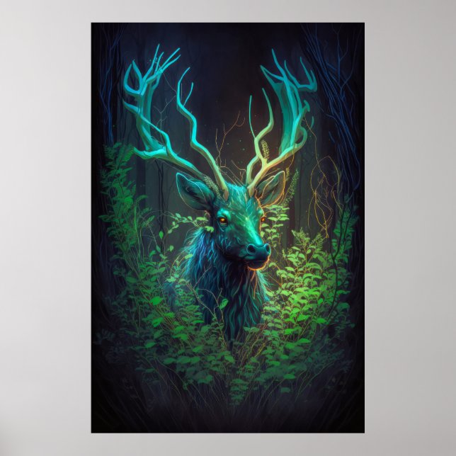 Póster Bosque de vida silvestre de pintura con retrato an (Frente)