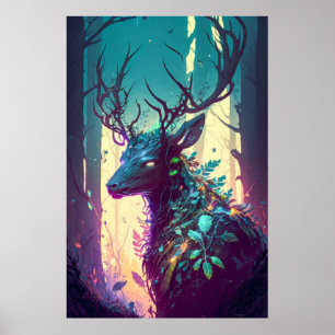 Póster Bosque de vida silvestre de pintura con retrato an