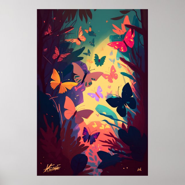 Póster Bosque de vida silvestre de pintura con retrato an (Frente)