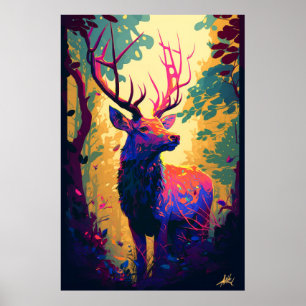 Póster Bosque de vida silvestre de pintura con retrato an