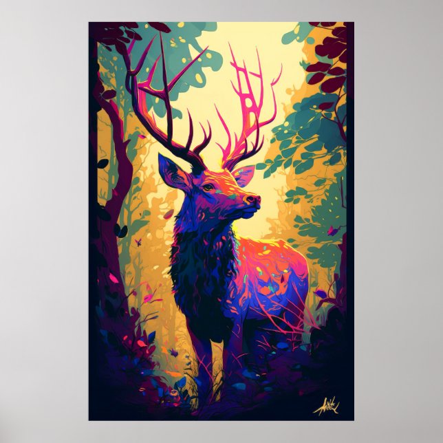 Póster Bosque de vida silvestre de pintura con retrato an (Frente)