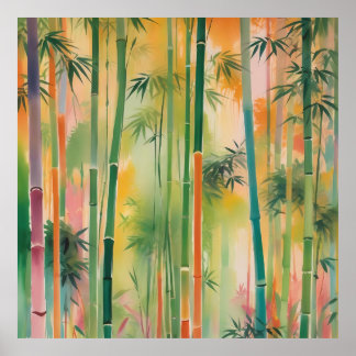 Póster Bosque denso de bambú al atardecer