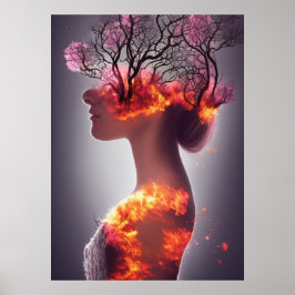 Póster Bosque en llamas en la cabeza Chica fantasía abstr