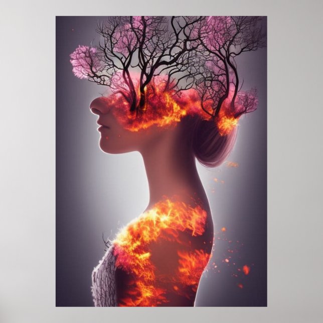 Póster Bosque en llamas en la cabeza Chica fantasía abstr (Frente)