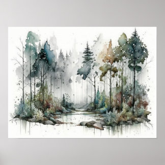 Póster Bosque en suave color de lluvia