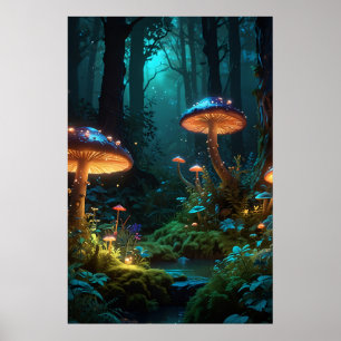Póster Bosque encantado con criaturas fantasmas y lustre