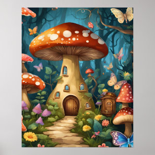 Póster Bosque encantado de mariposa hongo