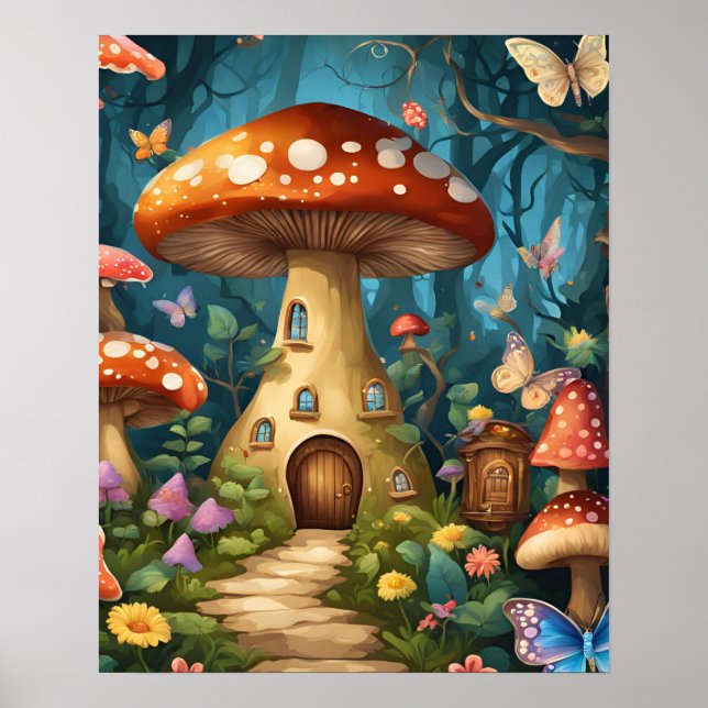 Póster Bosque encantado de mariposa hongo (Frente)