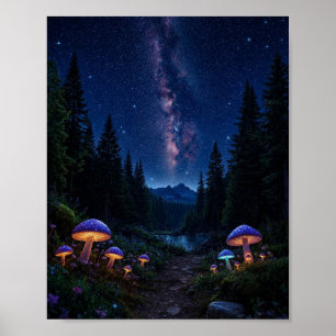Póster Bosque Encantado de Medianoche: Hongos Brillantes