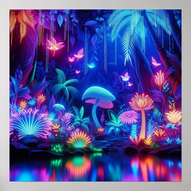 Póster Bosque Encantado de Neón Tropical Bioluminiscente (Frente)