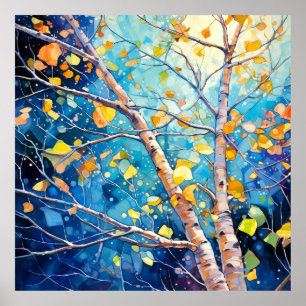 Póster Bosque encantado de otoño nocturno