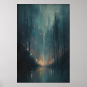 Póster Bosque Encantado Mágico Oscuro, Cascada Melancólic