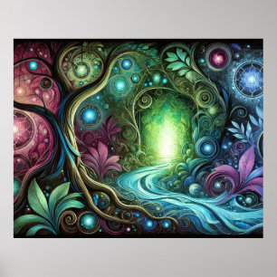 Póster Bosque Encantado Portal Brillante Río Fluyente
