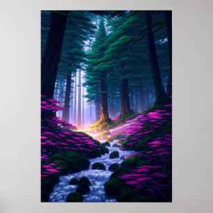 Póster Bosque encantado, un paraíso de las flores rosas