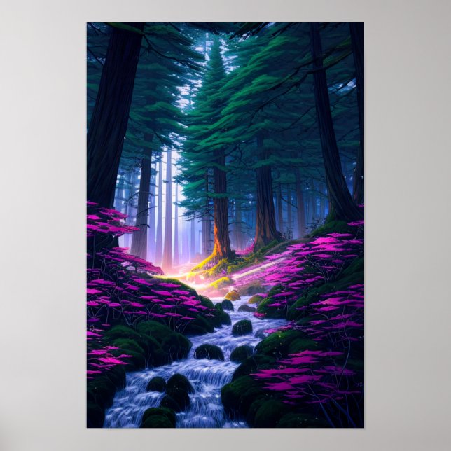 Póster Bosque encantado, un paraíso de las flores rosas (Frente)