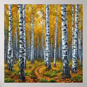 Póster Bosque escénico de abedules en otoño