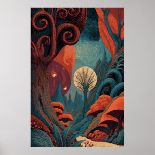 Póster Bosque Fantasía Rojo Teal Remolino Caprichoso