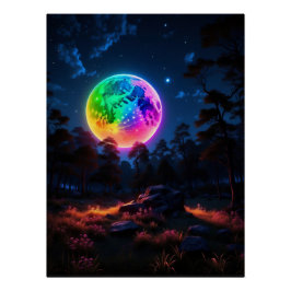 Póster Bosque iluminado con luna de arco iris - Vibrante