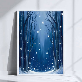Póster Bosque invernal azul de nieve que cae Pintado a la