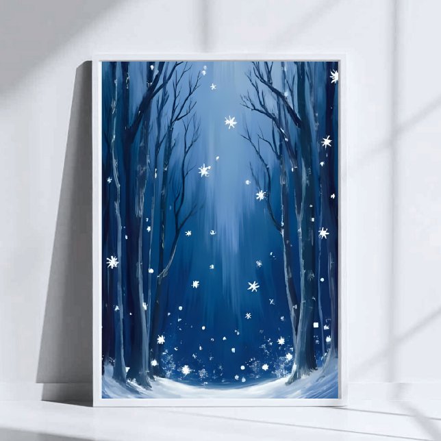 Póster Bosque invernal azul de nieve que cae Pintado a la (Subido por el creador)