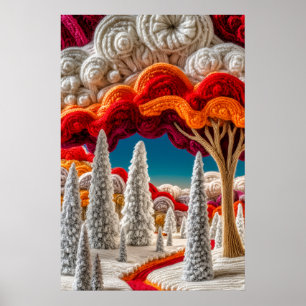 Póster Bosque invernal caprichoso tejido con nubes colori
