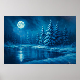 Póster Bosque invernal iluminado por la luna junto a un l