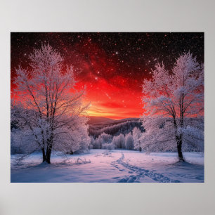 Póster Bosque invernal nevado bajo puesta de sol roja