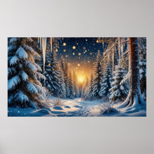 Póster Bosque Invernal Nevado ❄️ Luz Dorada ✨ Festivo Aco