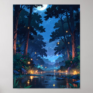 Póster Bosque lunar junto al río