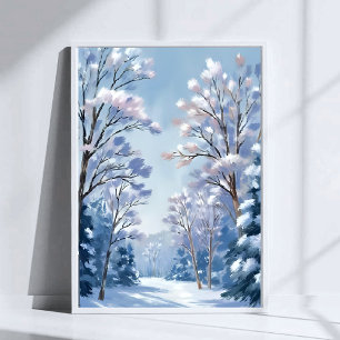 Póster Bosque Luz de Escarcha   Invierno Nieve Acuarela N