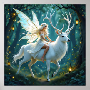 Póster Bosque Mágico de Hada y Ciervo Blanco