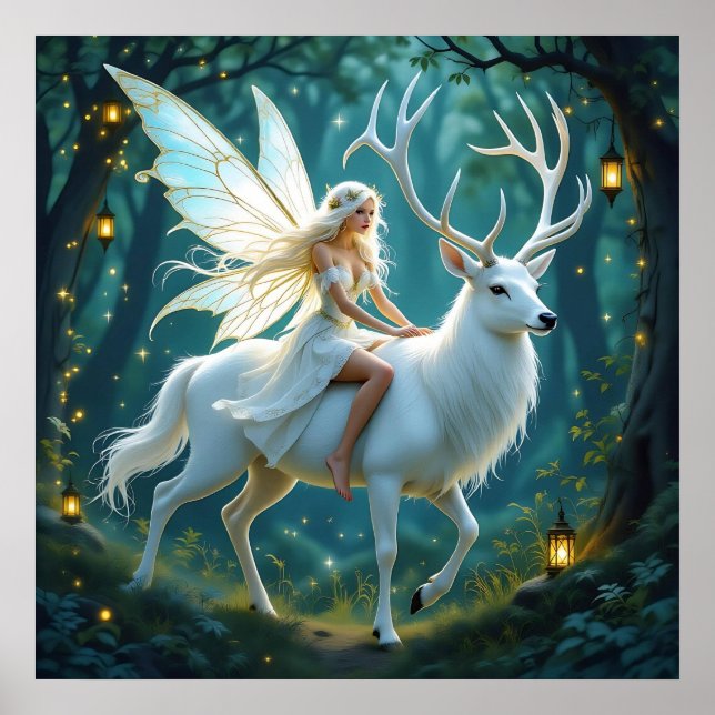 Póster Bosque Mágico de Hada y Ciervo Blanco (Frente)