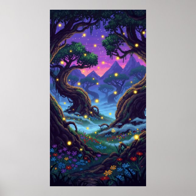 Póster Bosque mágico de los píxeles con luciérnagas inter (Frente)