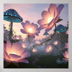 Póster Bosque Mágico en Flor con Flores de Ensueño Brilla