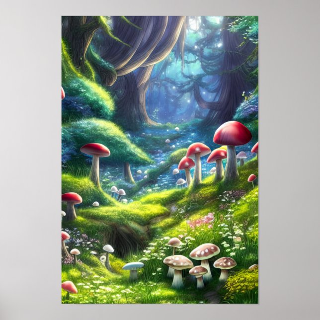 Póster Bosque mágico, hongos encantados (Frente)