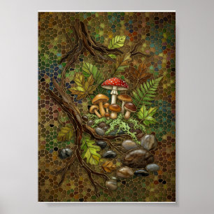 Póster Bosque Mágico Hongos Seda Naturaleza Musgo Fleece