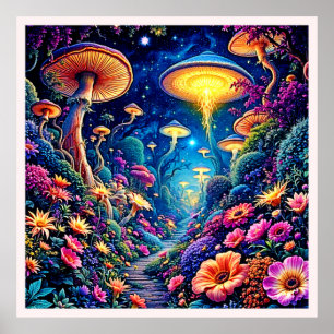 Póster Bosque místico en flor bajo las estrellas