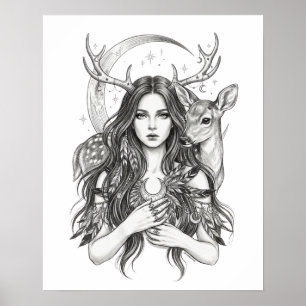 Póster Bosque Místico Eslavo Diosa Luna y Ciervo Vinyl S