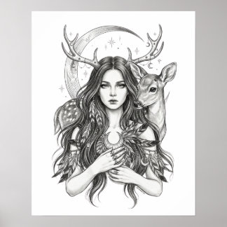 Póster Bosque Místico Eslavo Diosa Luna y Ciervo Vinyl S