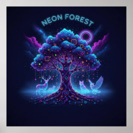 Póster Bosque Neon - Árbol brillante y animales luminosos