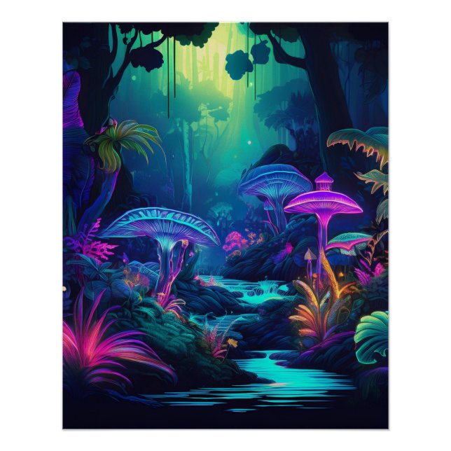 Póster Bosque neón y hongos brillantes Fantasía arte (Anverso)