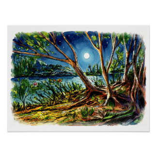 Póster Bosque Nocturno Acogedor y Arte de Pared de Luna -