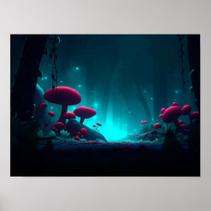 Póster Bosque Nocturno de Hongos Mágicos Brillantes