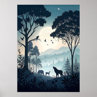 Póster Bosque nocturno místico con vida silvestre