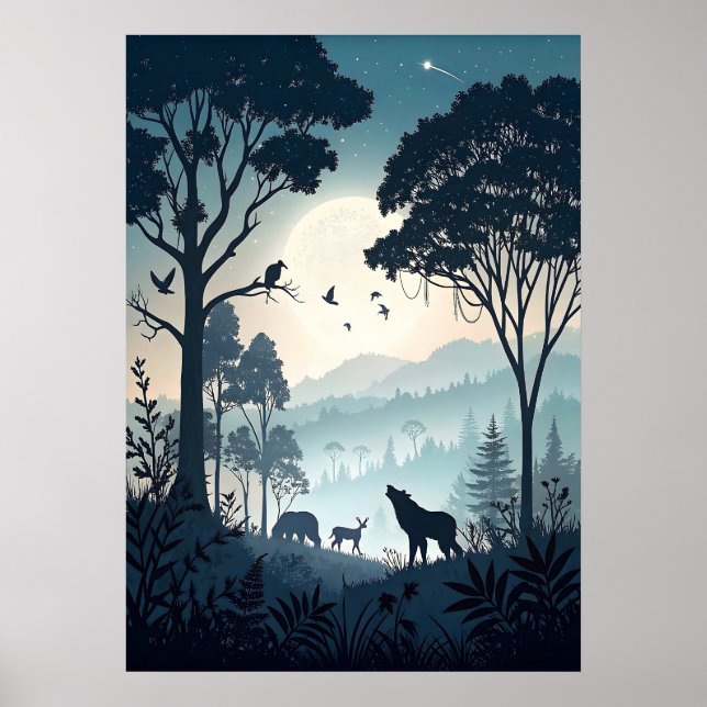 Póster Bosque nocturno místico con vida silvestre (Frente)
